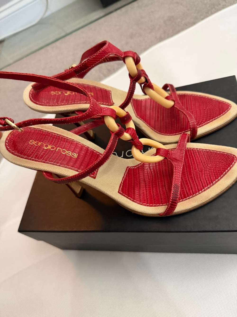 Sergio Rossi Tejus Baccarat Red Stiletto Sandals with Decorative Rings Size 39
